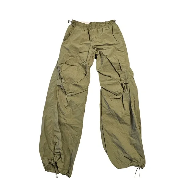 Love Tree Olive Green Parachute Pants Elastic Waist Drawstring Ankle Size Large - Picture 1 of 6